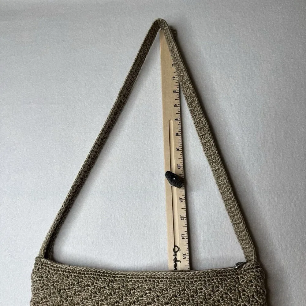The Sak Crochet Knit Woven Boho Shoulder Handbag Taupe Lined Interior Pocket‎